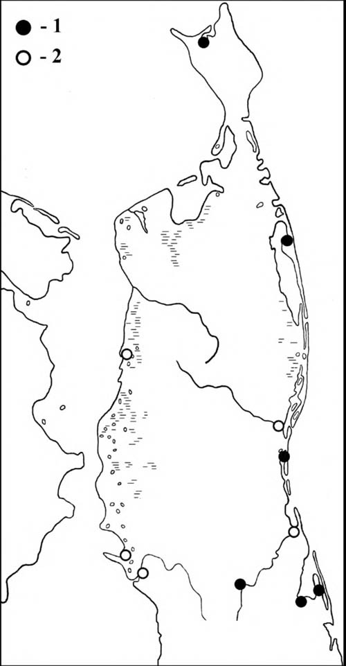 Места встреч выводков касатки (1) и встречи птиц в гнездовой период (2) на Северном Сахалине