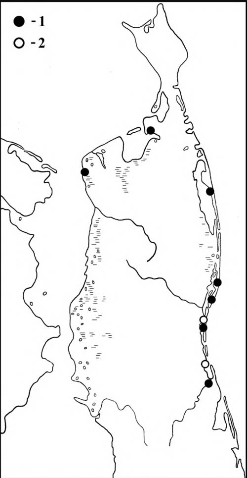 Места находок гнёзд и выводков шилохвости (1) и места встречи американской свиязи (2) на Северном Сахалине