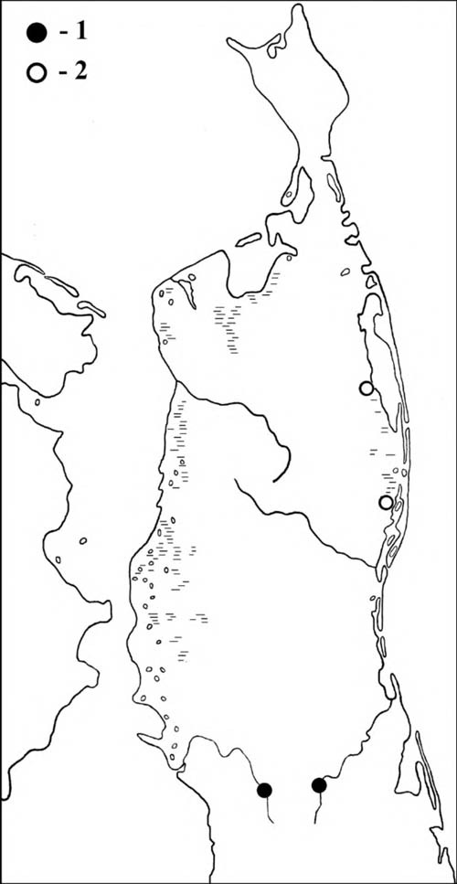 Места гнездования мандаринки (1) и встречи птиц в гнездовой период (2) на Северном Сахалине