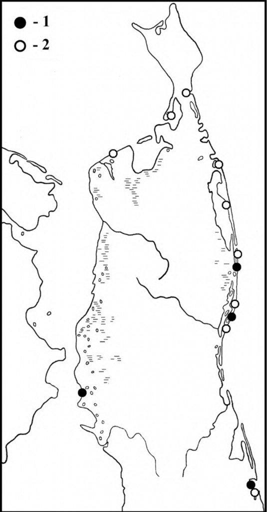 Места встреч тулесов в период весенней (1) и летне-осенней (2) миграции на Северном Сахалине