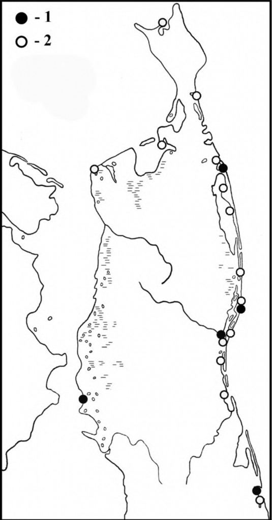 Места встреч бурокрылых ржанок в период весенней (1) и летне-осенней (2) миграции на Северном Сахалине
