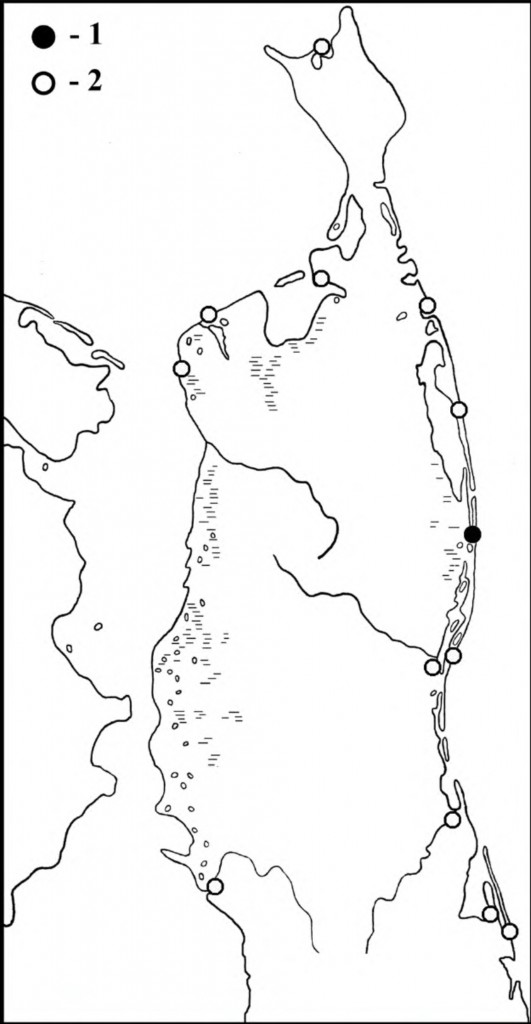 Места встреч галстучника (1), гнёзд и выводков малого зуйка (2) на Северном Сахалине