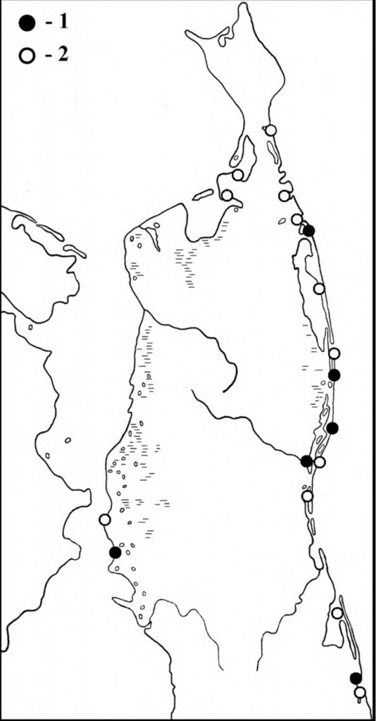 Места встреч камнешарок в период весенней (1) и летне-осенней (2) миграции на Северном Сахалине