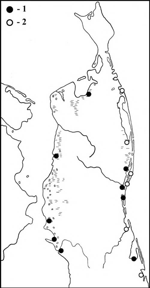 Места находок гнёзд и выводков (1) охотских улитов, а также встречи птиц в гнездовой период (2) на Северном Сахалине