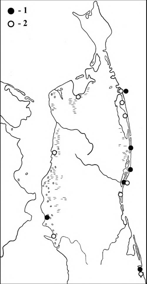 Места встреч щеголей в период весенней (1) и летне-осенней (2) миграции на Северном Сахалине