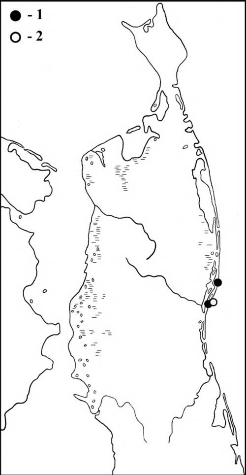 Места встреч поручейников (1) и американского пепельного улита (2) на Северном Сахалине