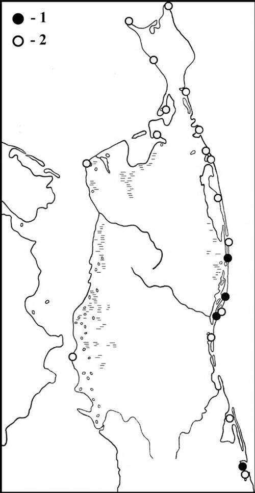 Места встреч сибирских пепельных улитов в период весенней (1) и летне-осенней (2) миграции на Северном Сахалине