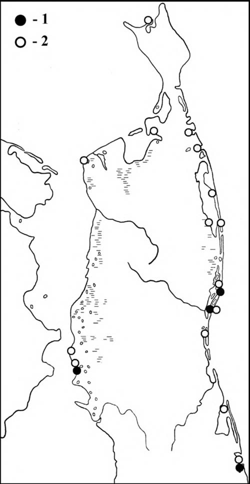 Места встреч мородунок в период весенней (1) и летне-осенней (2) миграции на Северном Сахалине