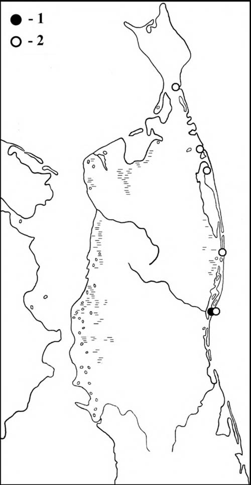 Места встреч грязовиков в период весенней (1) и летне-осенней (2) миграции на Северном Сахалине