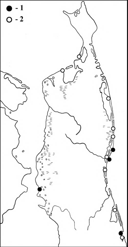 Места встреч малого веретенника в период весенней (1) и летне-осенней (2) миграции на Северном Сахалине