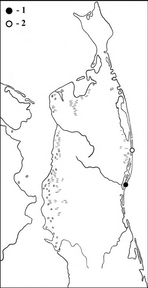 Места встреч китайской (1) и вилохвостой (2) чаек на Северном Сахалине