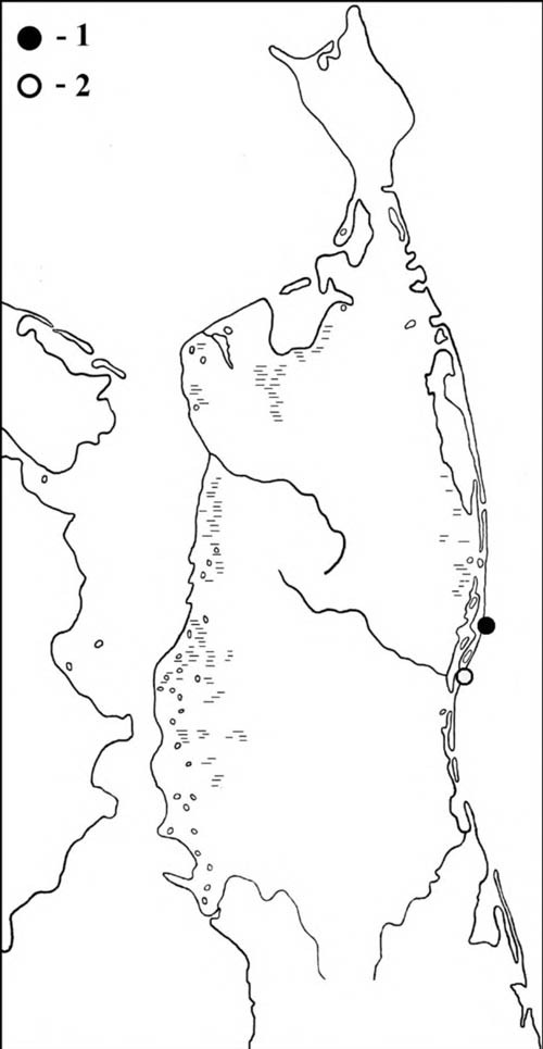 Места встреч розовой (1) и белой (2) чаек на Северном Сахалине