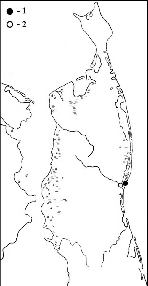 Места встреч чёрной (1) и белокрылой (2) крачек на Северном Сахалине